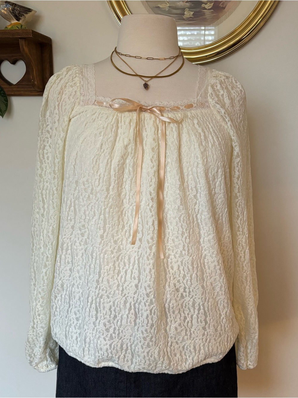 Maurices Lace Peasant Blouse in Cream with Ribbon Tie